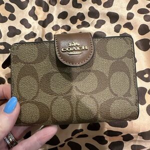 Coach Brown Signature  Compact Wallet with Dark Brown Trim